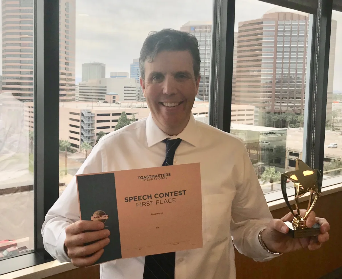 Matt Patterson winning the Area International Speech Contest for Gilbert Toastmasters in 2019