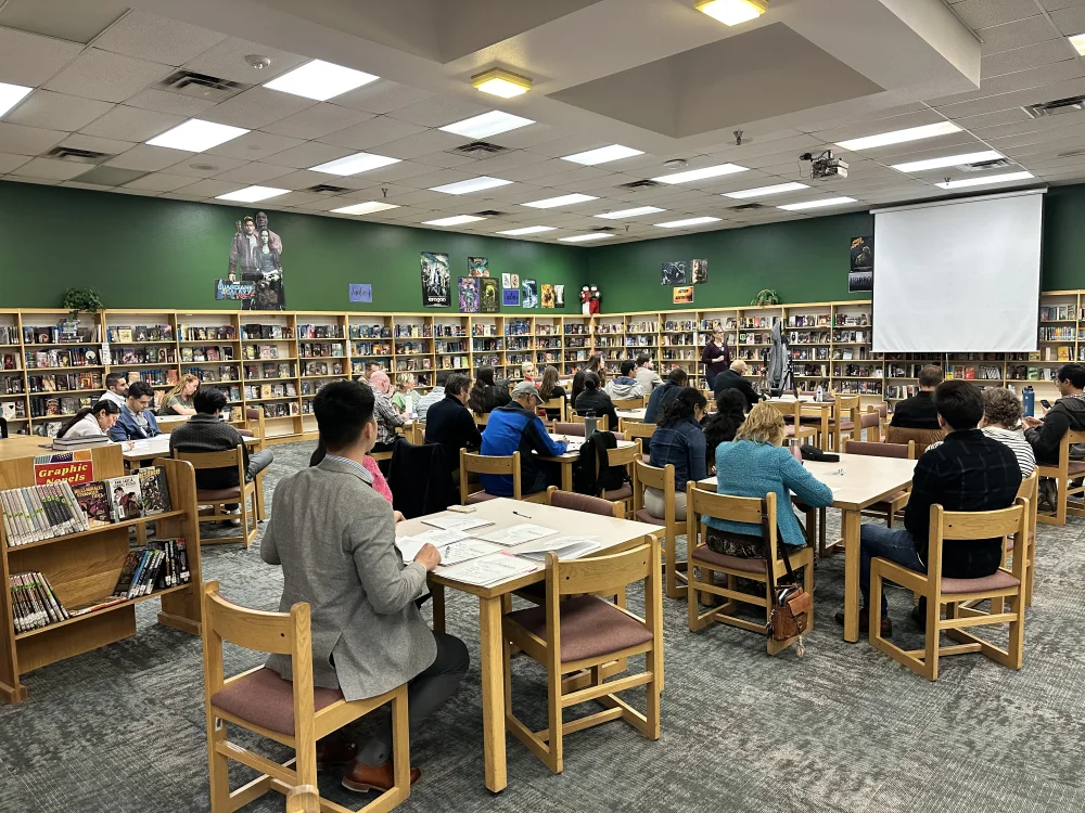 A full Thursday meeting in the Greenfield library